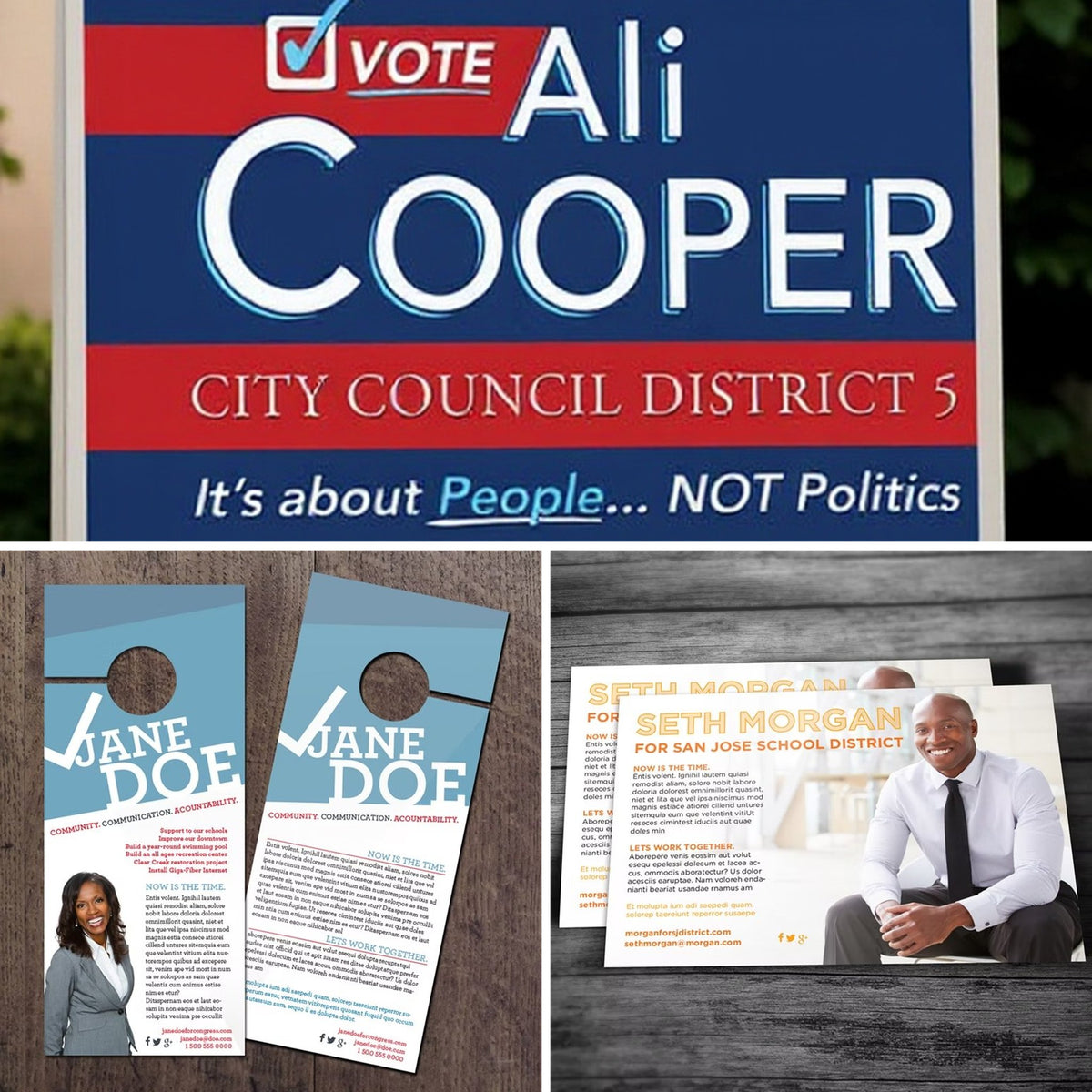 GOTV package: door hangers, mailable postcards and window and rally signs