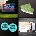 Startup package: yard signs, business cards, round stickers and postcards